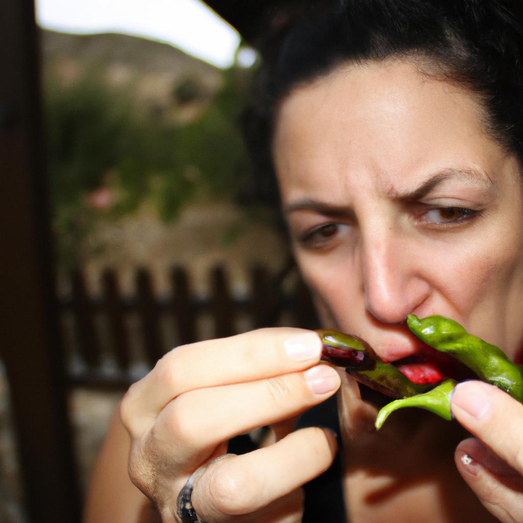 Woman tasting spicy Hatch chiles