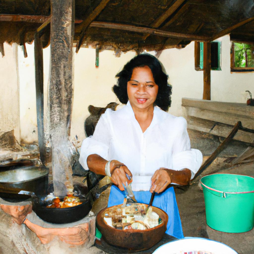 Woman cooking local dish, smiling