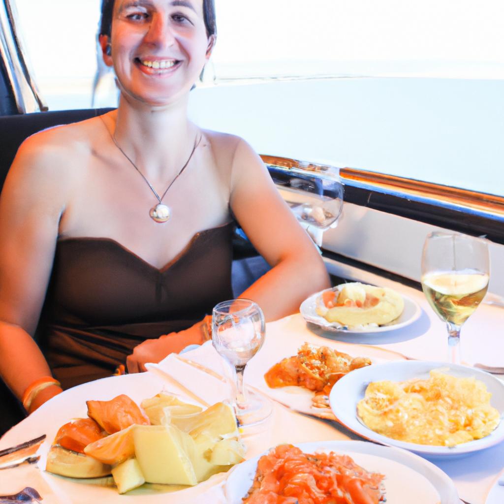 Woman enjoying gourmet meal onboard