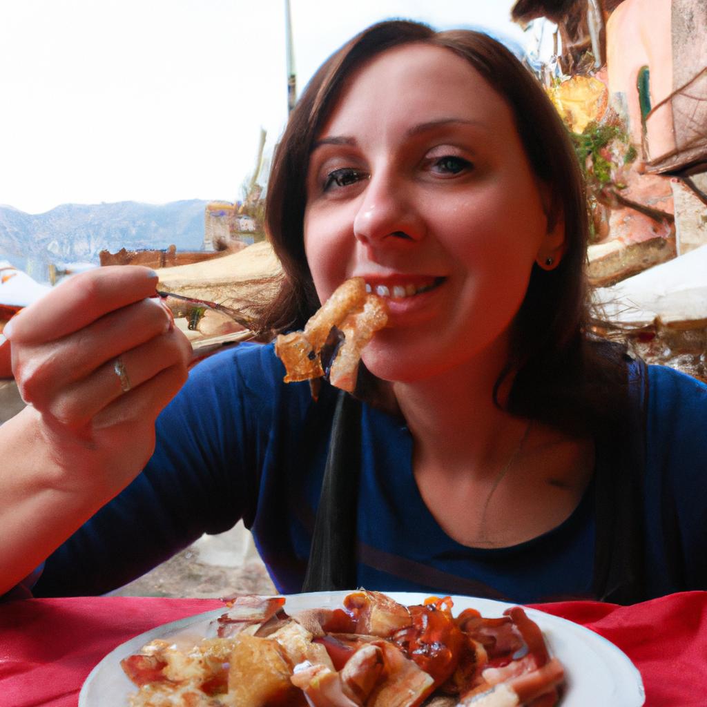 Woman tasting local food abroad
