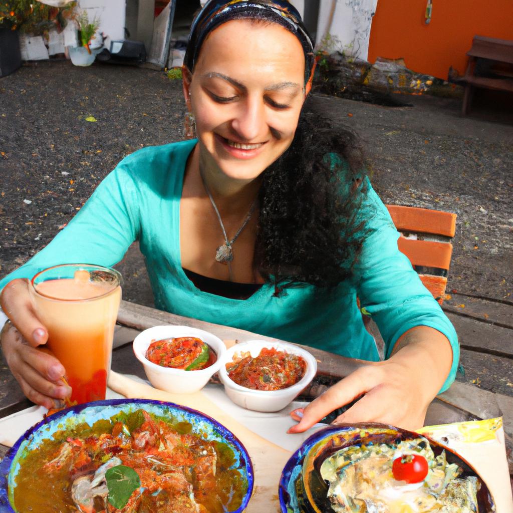 Woman sampling diverse international cuisines